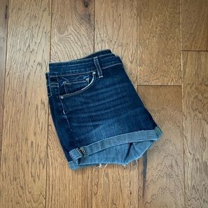 paige dark wash high rise jean shorts